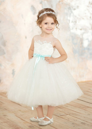 Ivory Lace Tulle Flower Girl Dress With Mint Sash Ivory Lace Tulle Flower Girl Dress With Mint Sash